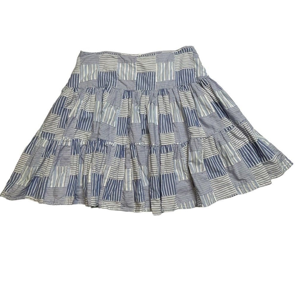 American Living Blue White Midi Patchwork Ruffle Tiered A-Line Boho Skirt  Sz 14